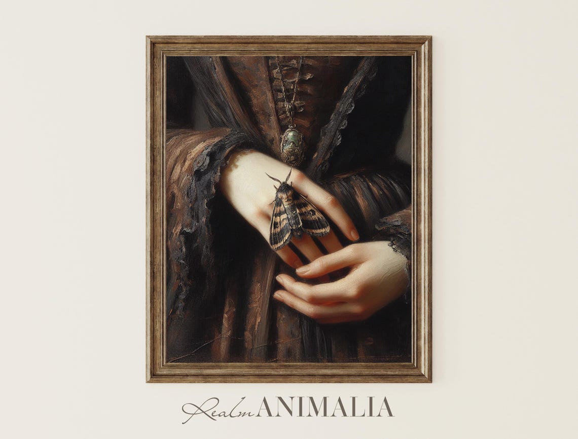 Victorian Woman With Moth On Hand Dark Romantic Painting Poster