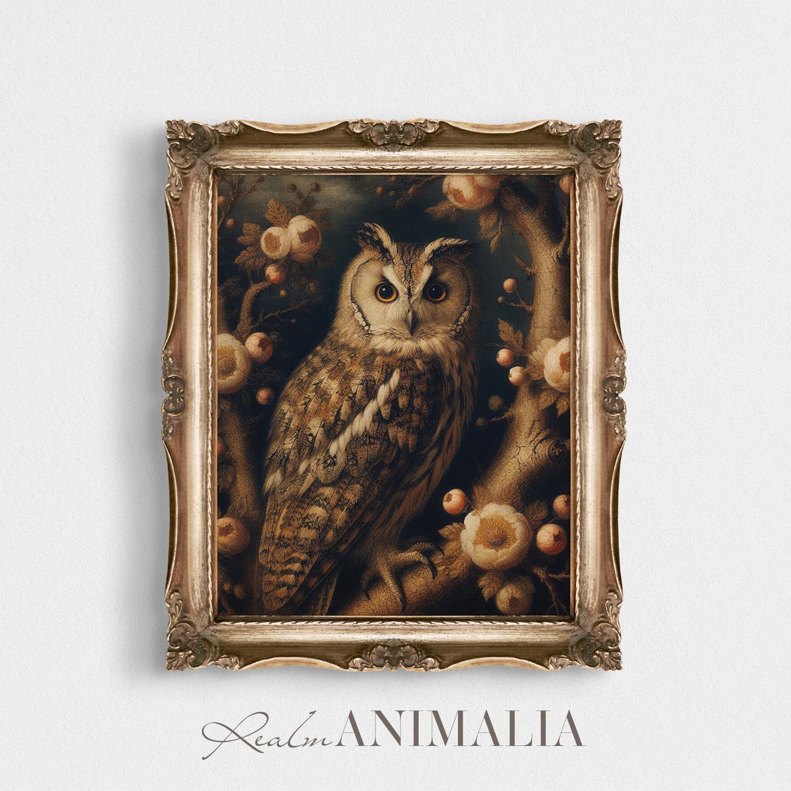 Moody Owl Among Blossom Branches Vintage Dark Botanical Bird Art Print - Image 4
