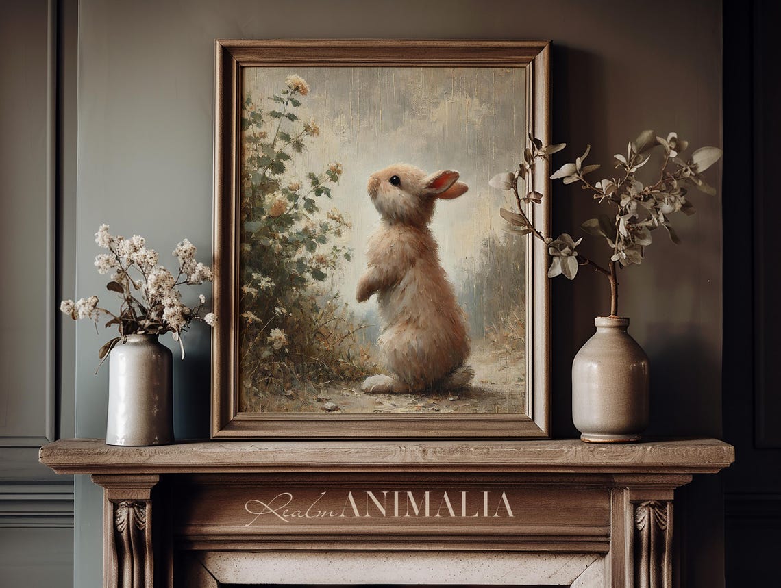 Fluffy Bunny Standing In Rain Smelling Flowers Vintage Poster - Image 3