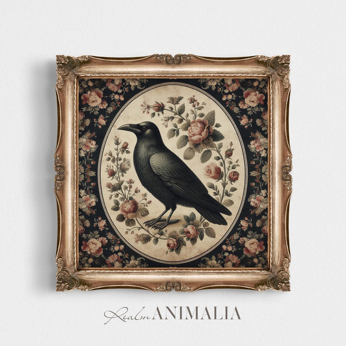 Black Crow In Floral Oval Medallion Dark Vintage Botanical Bird Poster - Image 4