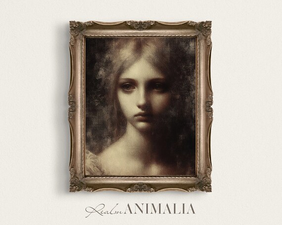 Mysterious Woman Portrait Shadowy Antique Gothic Oil Painting Art Print
