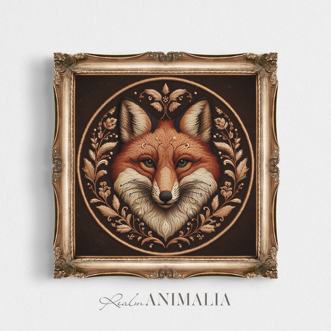Fox Face Vintage Embroidery Style Botanical Circle Dark Moody Poster - Image 2