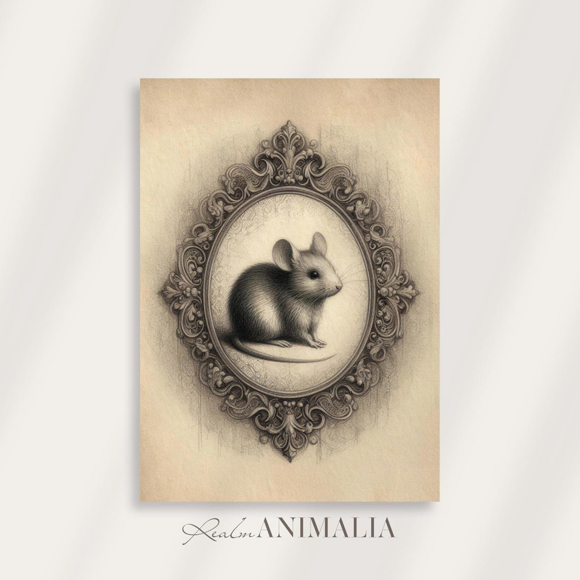 Little Mouse Sketch In Ornate Oval Frame Vintage Pencil Drawing Print - Image 4
