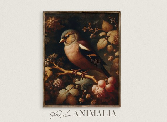 Finch On Berry Branch With Autumn Leaves Moody Vintage Bird Art Print
