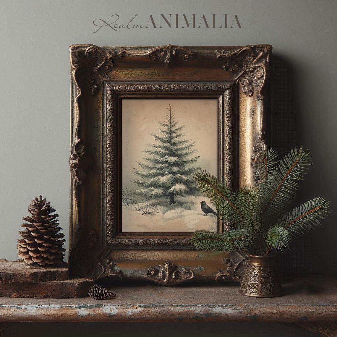 Snowy Pine Tree Watercolor With Black Crow Winter Landscape Poster - Image 3