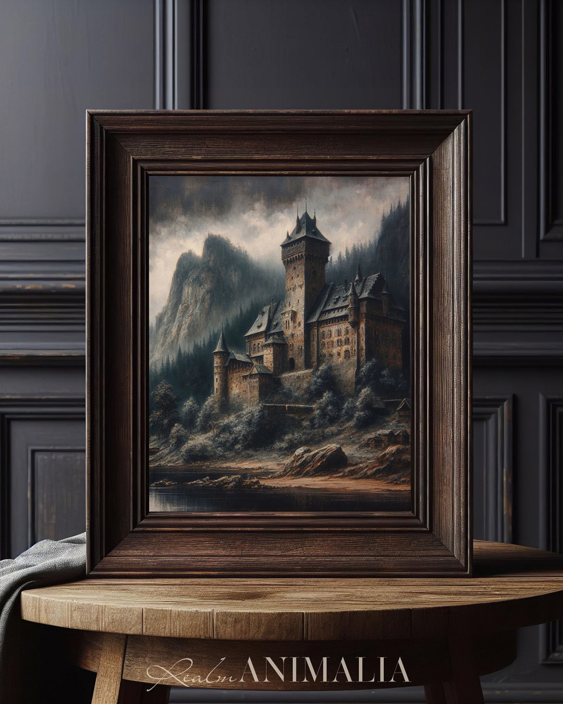Dark Moody Medieval Castle Misty Mountain Gothic Landscape Art Print - Image 3