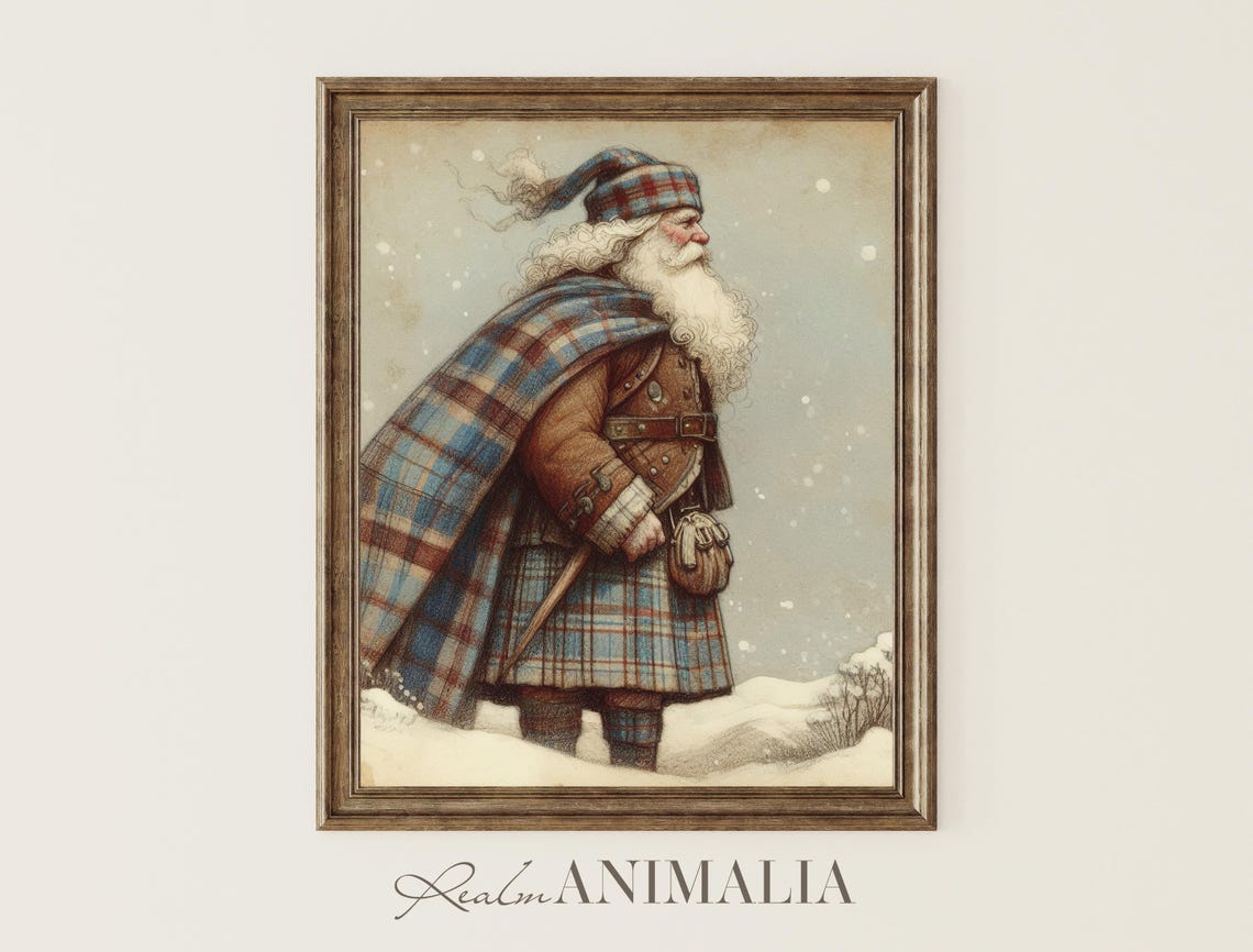 Scottish Santa Claus Art Print Vintage Father Christmas Painting Scotland Christmas Wall Art Festive Winter Holiday Art Wh164