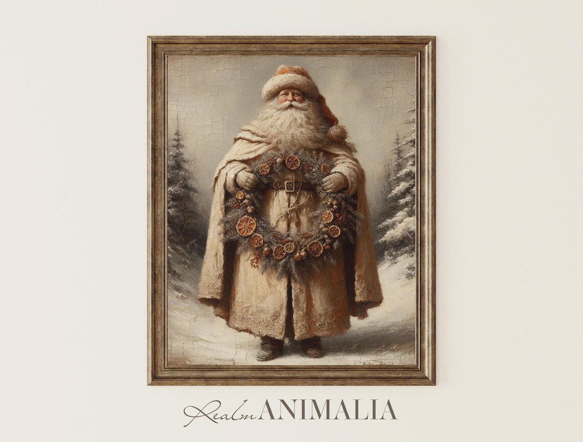 Vintage Santa Claus Art Print, Neutral Christmas Decor