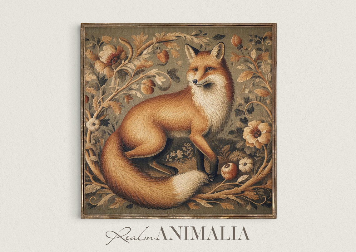 Red Fox Standing In Botanical Tapestry Vintage Floral Poster