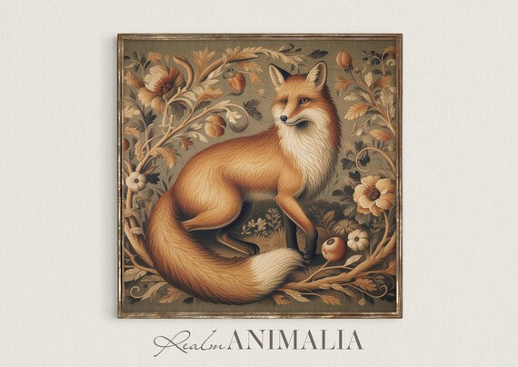 Red Fox Standing In Botanical Tapestry Vintage Floral Poster