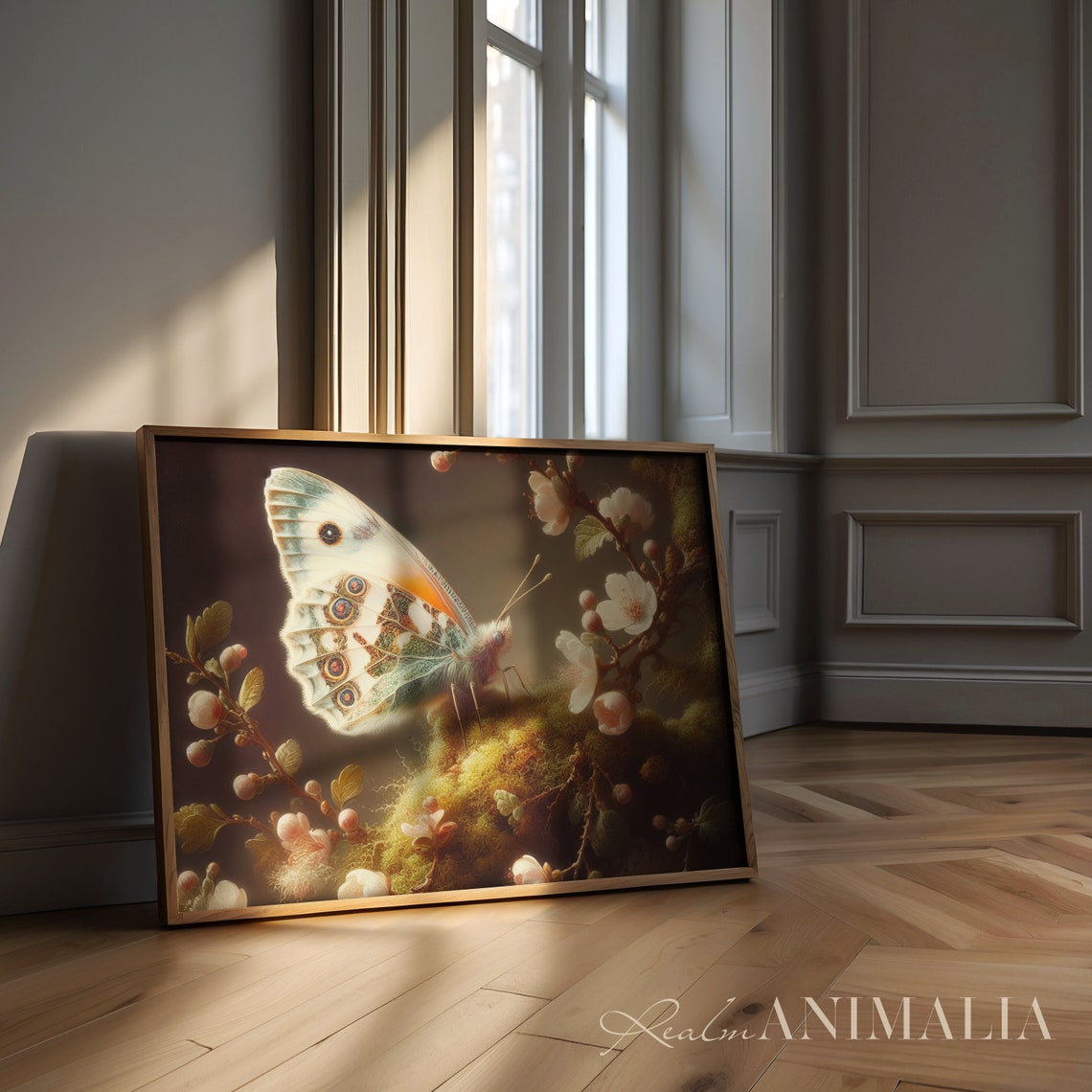 White Buckeye Butterfly With Eye Spots On Blossom Branch Vintage Print - Image 3