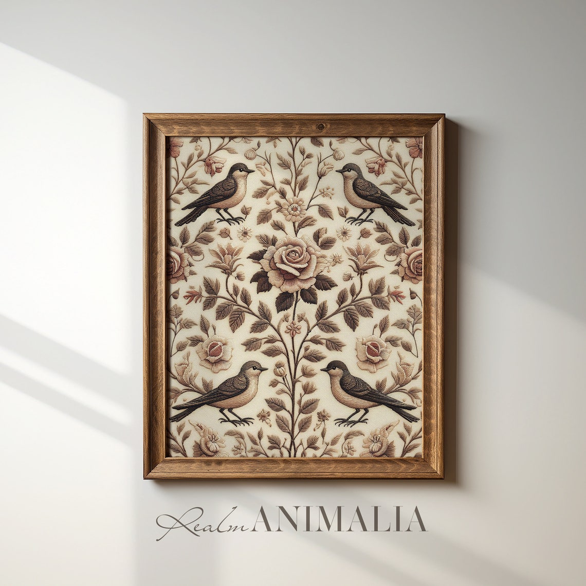 Birds And Roses Botanical Embroidery Vintage Neutral Textile Art Print - Image 4