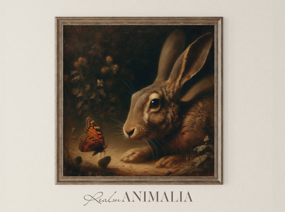 Moody Rabbit And Butterfly Print Dark Cottagecore Vintage Hare Square Wall Art Animal And Insect Art Hr003