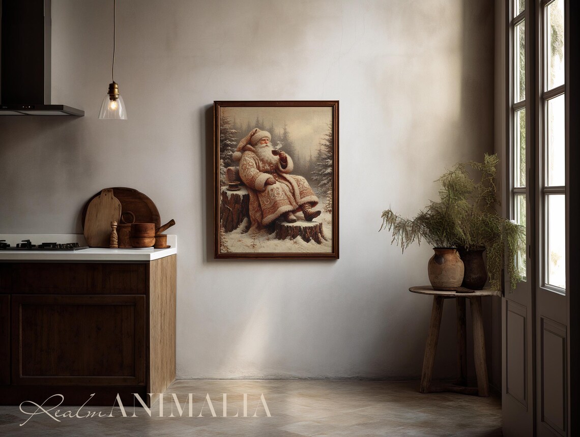 Vintage Santa Drinking Coffee Art Print, Antique Style - Image 2