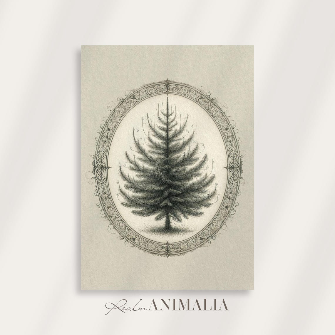 Minimalist Pine Tree Sketch In Ornate Oval Vintage Christmas Poster - Image 4