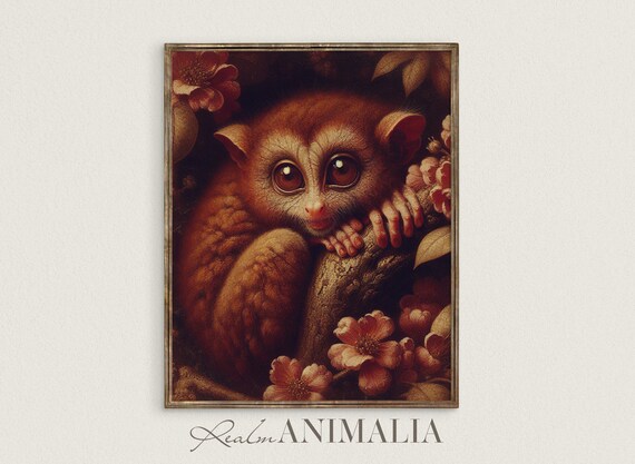 Tarsier Monkey With Big Eyes Clinging To Branch Floral Vintage Art Print