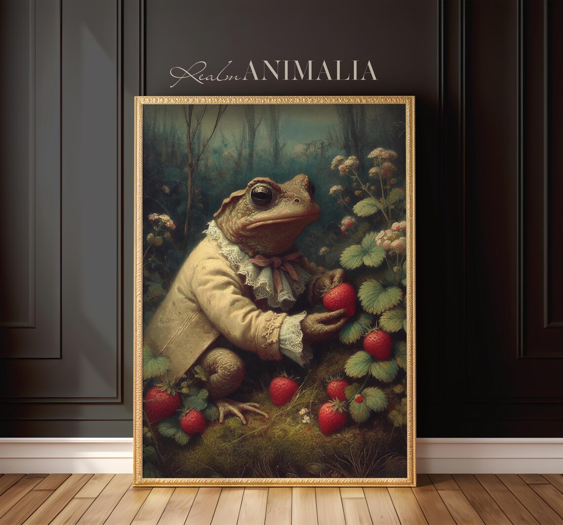 Dressed Toad Picking Ripe Strawberries Whimsical Fairytale Forest Poster - Image 2