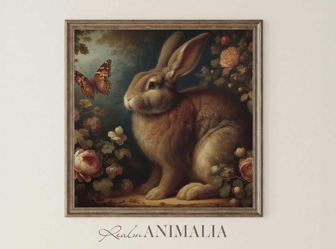 Vintage Rabbit and Butterfly, Antique Spring Art Print