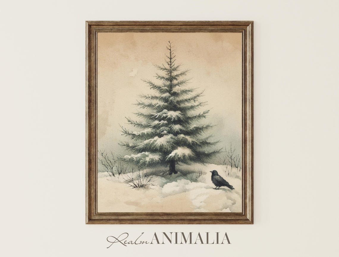 Snowy Pine Tree Watercolor With Black Crow Winter Landscape Poster