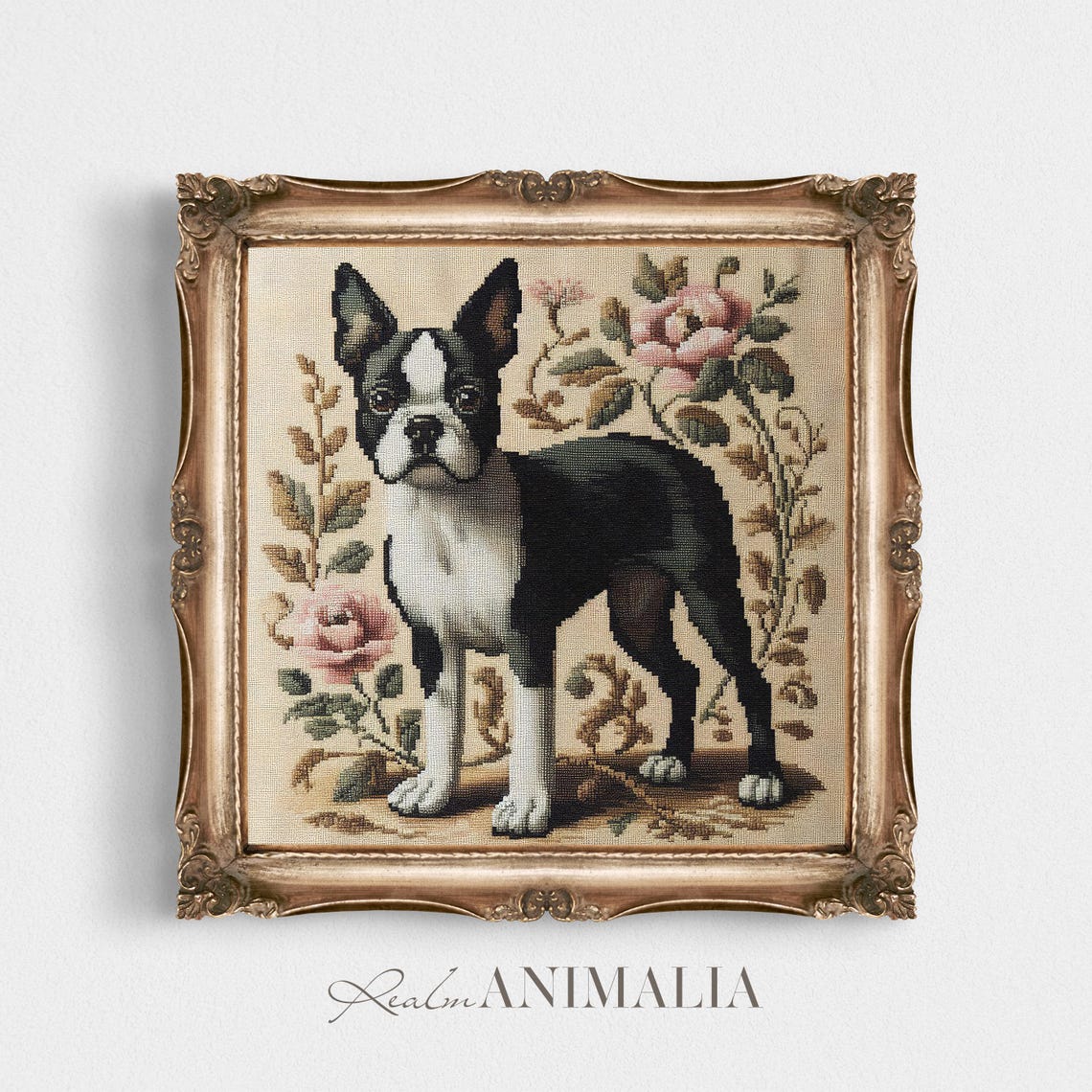 Boston Terrier Among Pink Roses Vintage Needlepoint Tapestry Art Print - Image 3