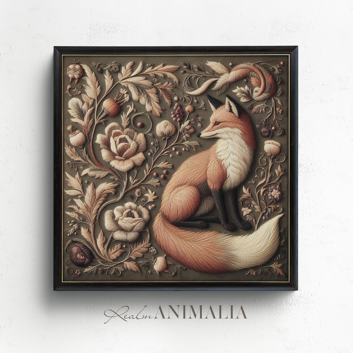 Fox Embroidery Print, Vintage Botanical Textile Art - Image 2