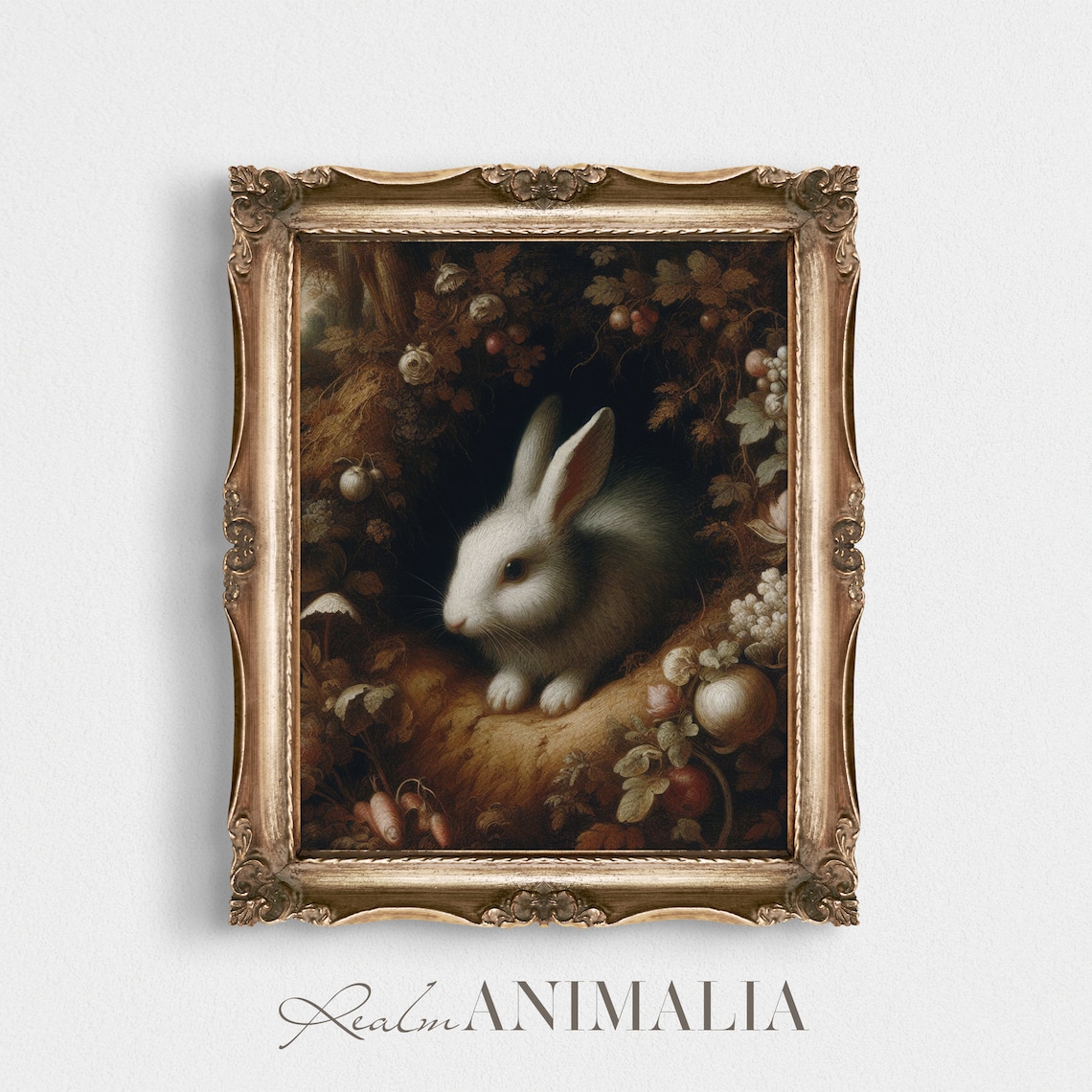 White Rabbit On Mossy Log In Dark Autumn Woodland Vintage Art Print - Image 2