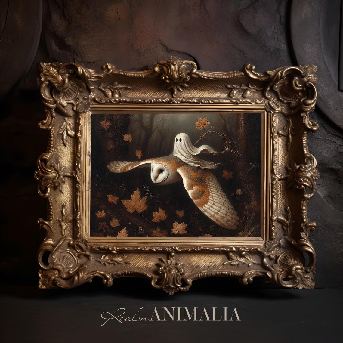 Little Ghost Riding Barn Owl Flying Autumn Leaves Moody Halloween Poster - Image 3