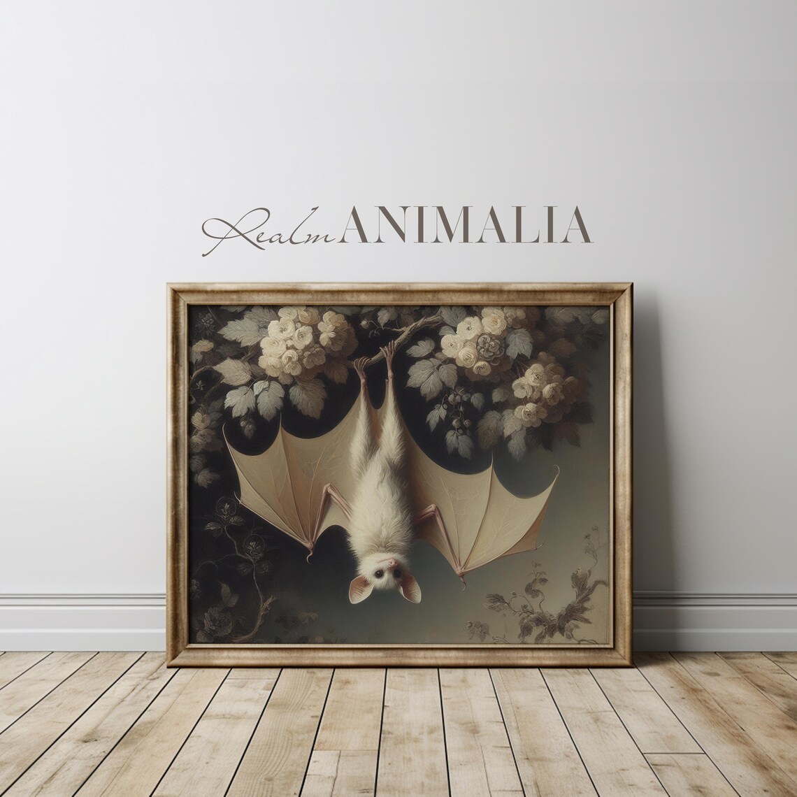 Hanging White Bat Art Print, Cottagecore Botanical - Image 3