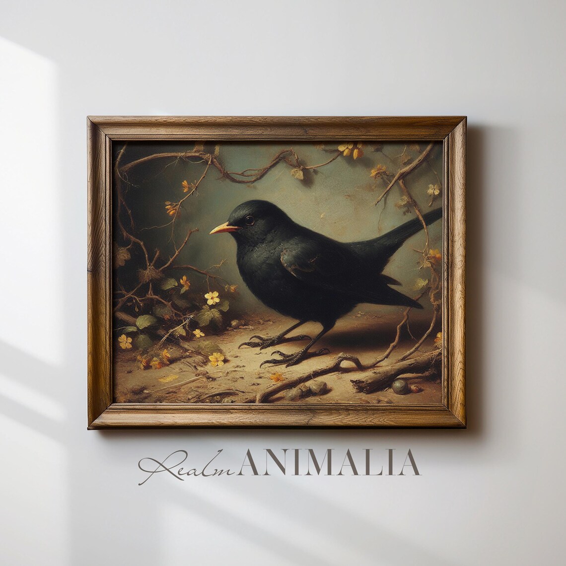 Blackbird With Yellow Beak Among Bare Branches Moody Vintage Bird Art Print - Image 4