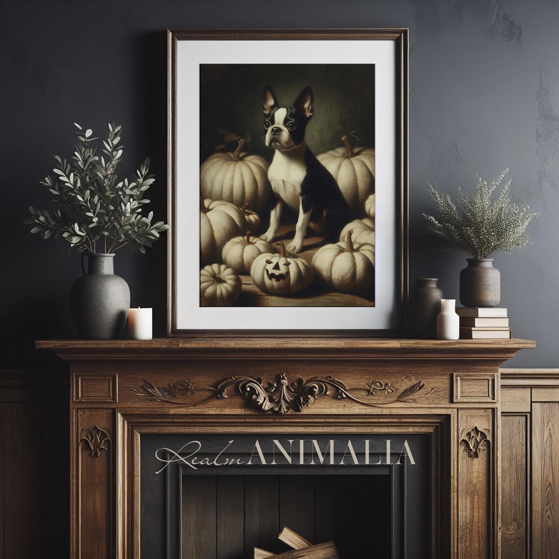Boston Terrier Puppy Among White Pumpkins Moody Halloween Dog Portrait Poster - Image 3