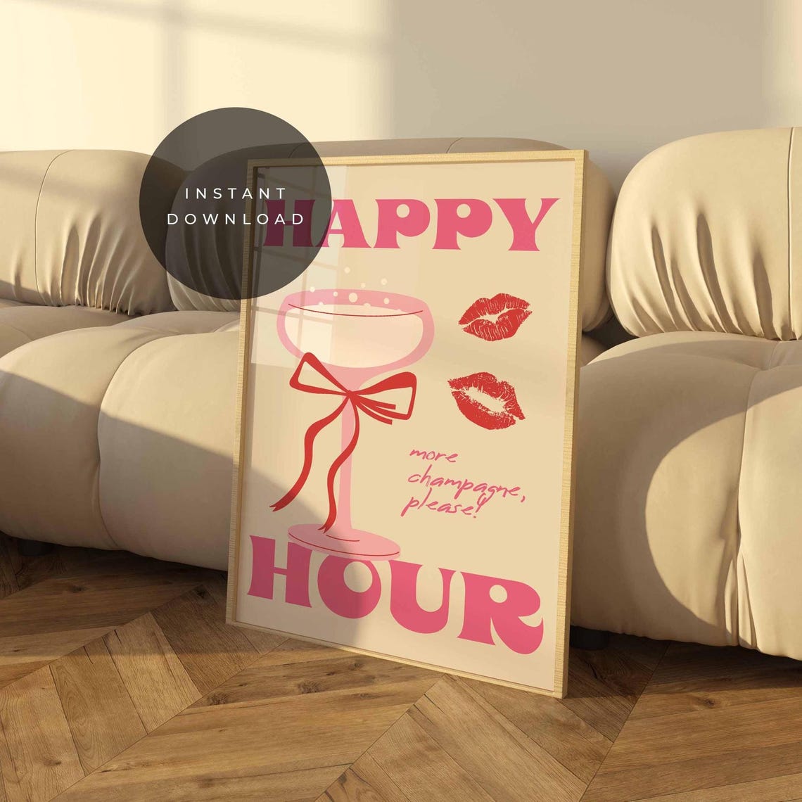 Happy Hour Champagne Cocktail Pink Retro Bar Cart Art Poster