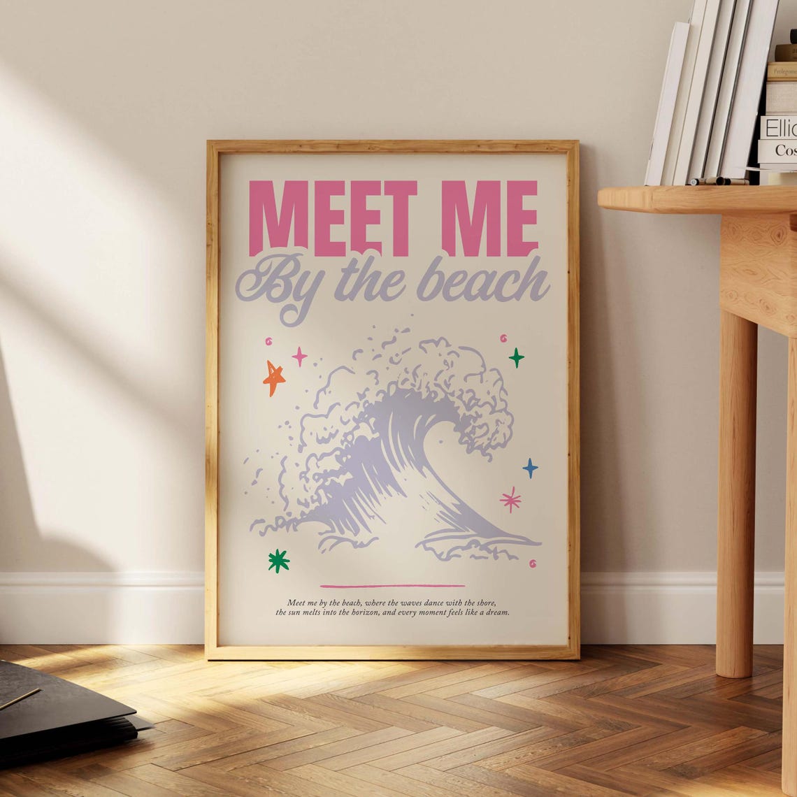 Meet Me By The Beach Pink Wave Typography Coastal Art Poster