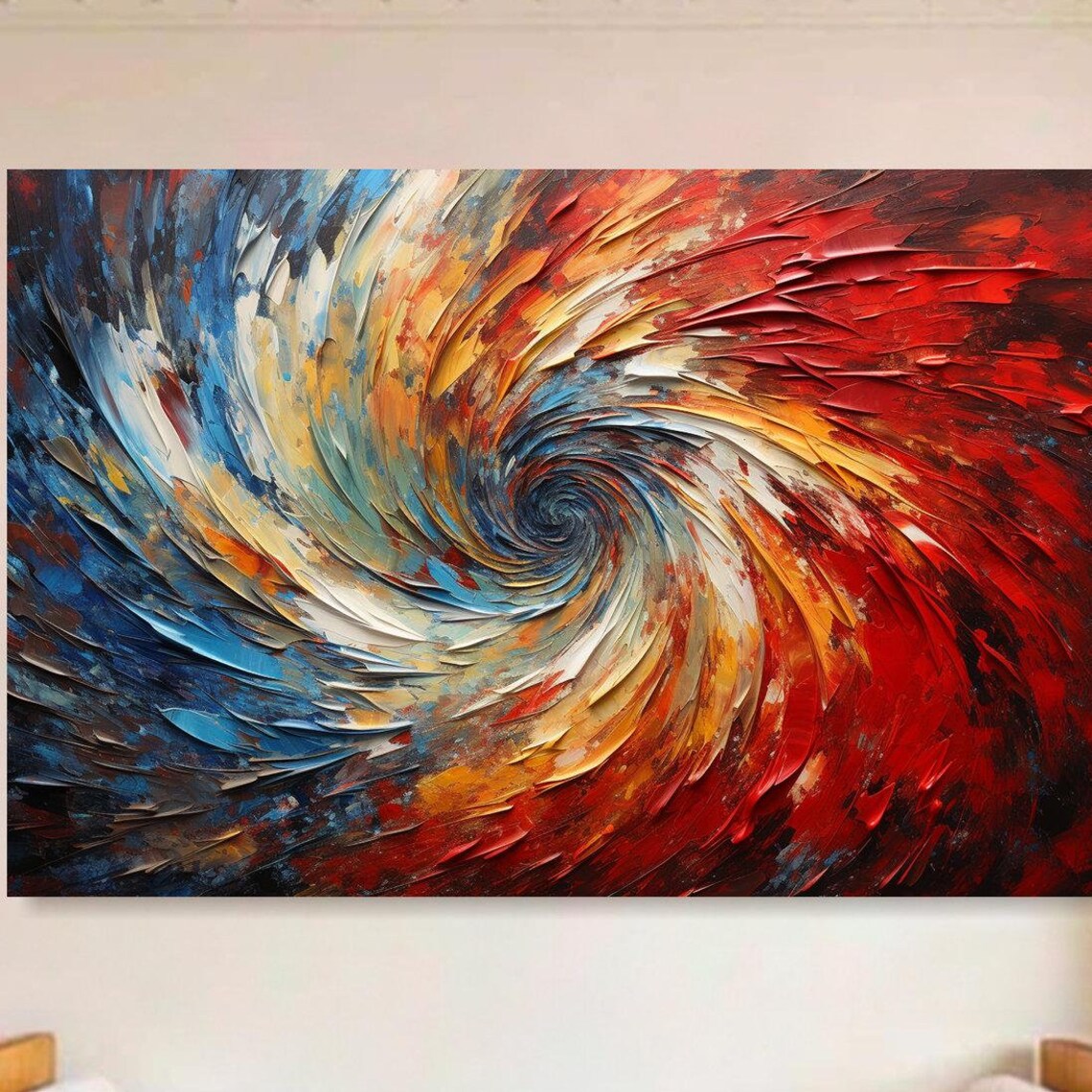 Fiery Red Blue Gold Swirl Textured 3D Abstract Oil Painting Poster