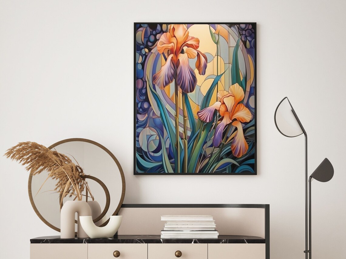 Art Nouveau Orange and Purple Iris Flower Stained Glass Art Poster - Image 6
