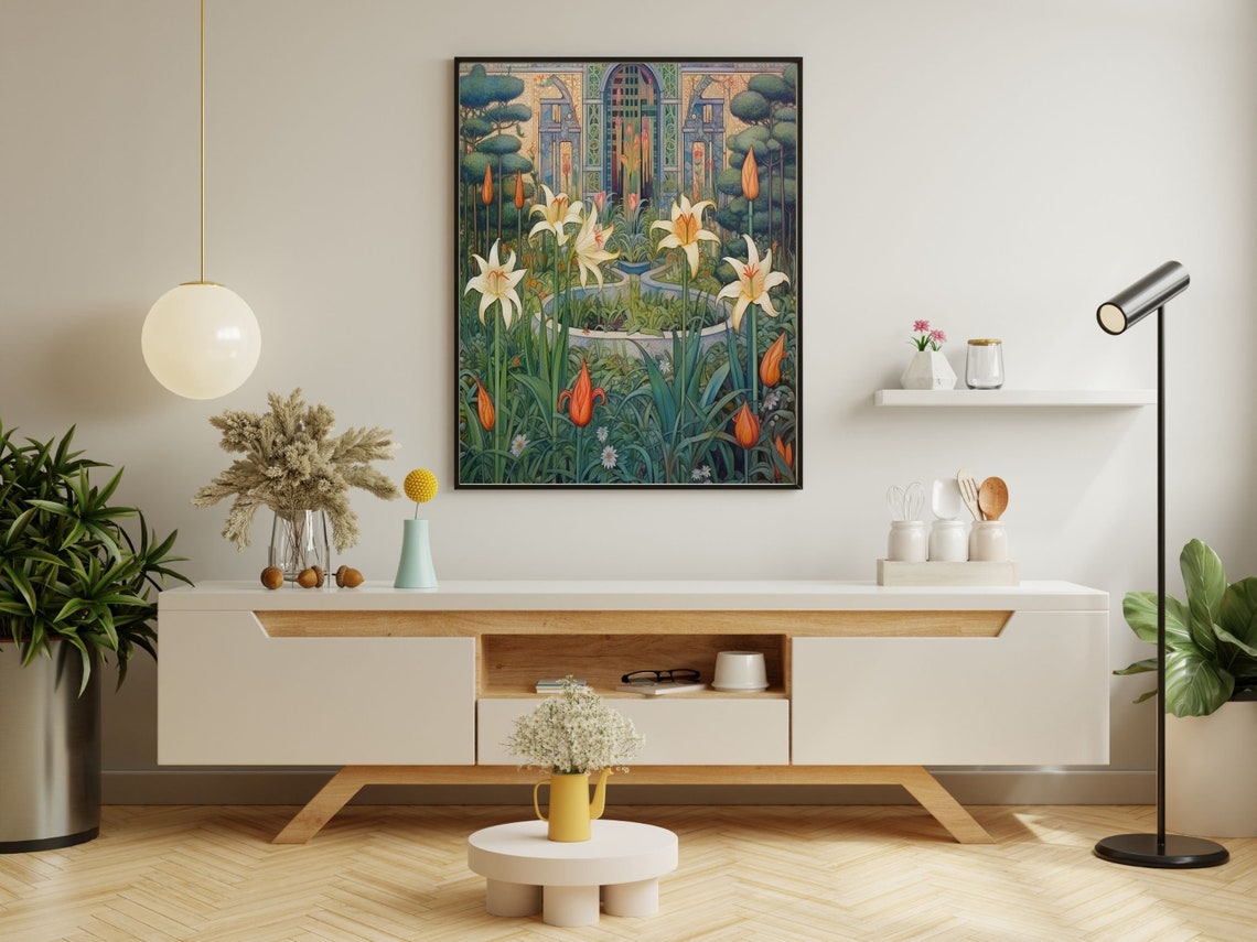 Tall White Lilies And Tulips In An Art Deco Garden Courtyard Wall Art - Image 2