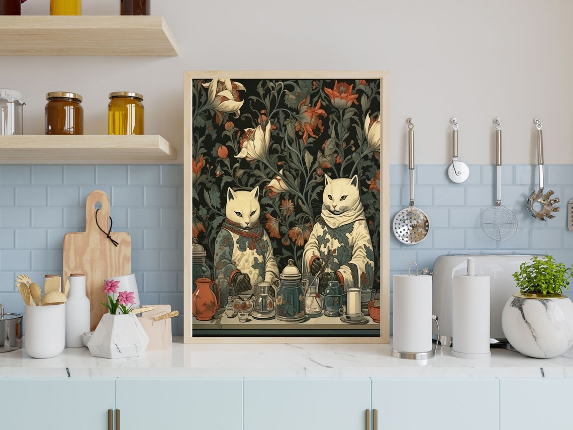 Whimsical White Cats in Kimonos Brewing Tea in the Kitchen Poster - Image 5