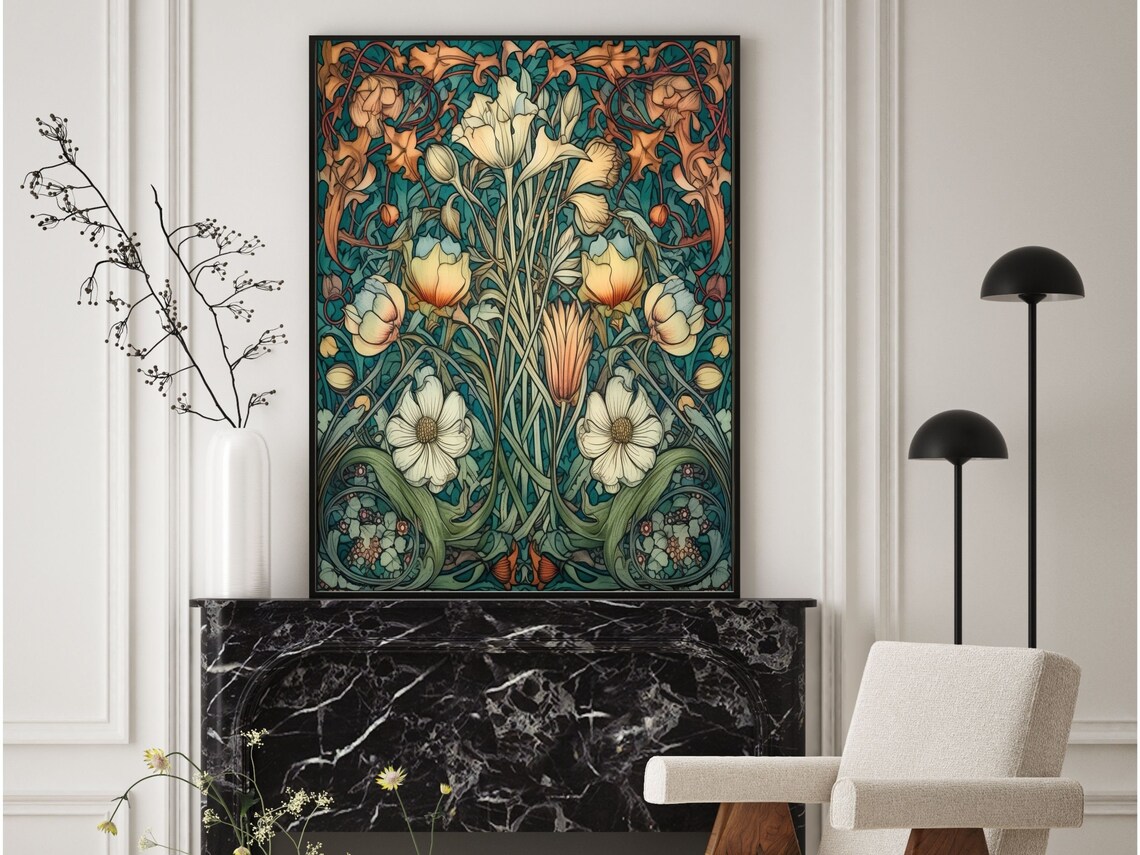 William Morris Style Ivory Anemones Teal Autumn Floral Wall Art - Image 5