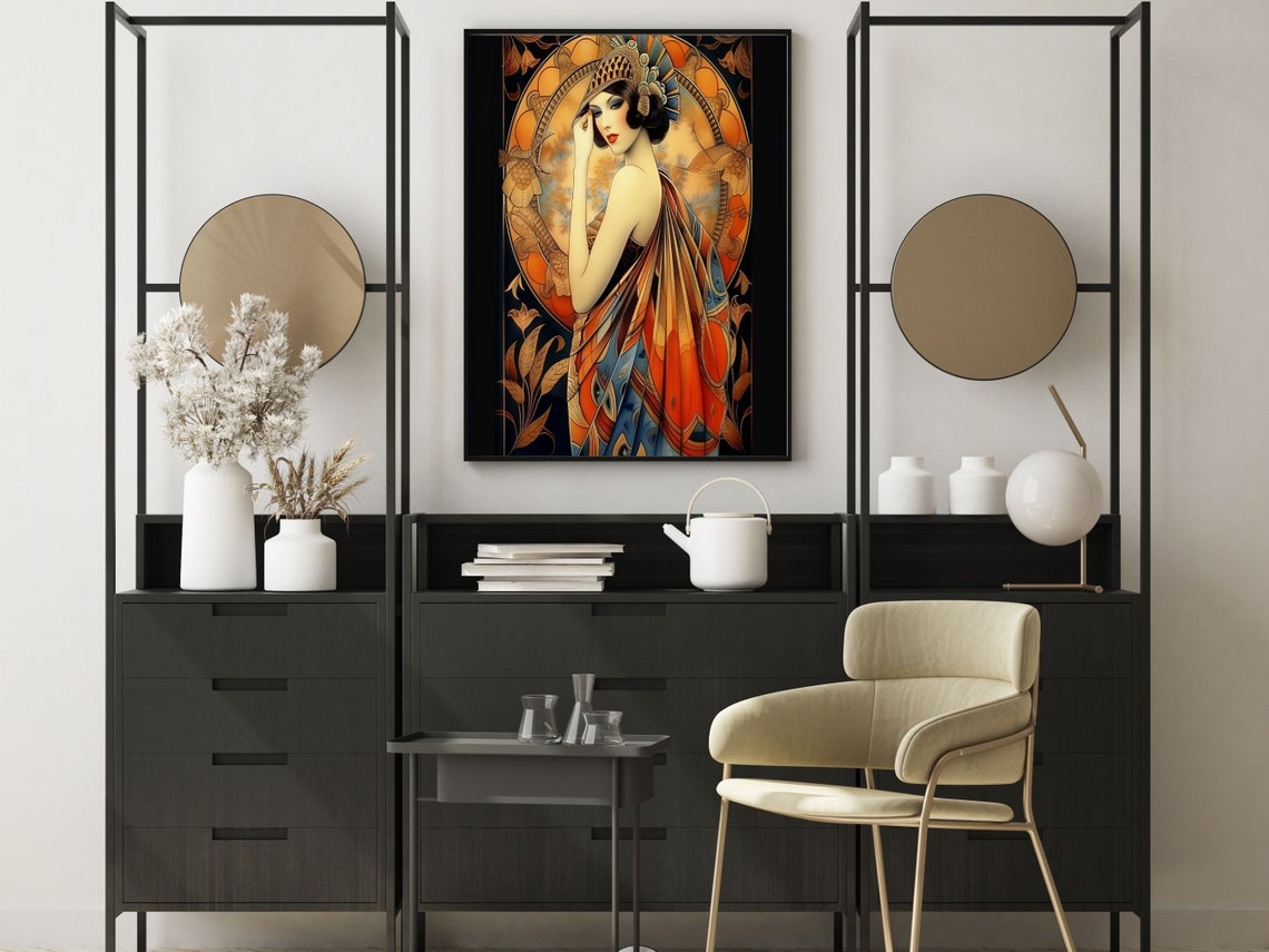 Art Deco Woman In An Erte Red Gown Wall Art Of Woman In Flame Erte Gown Vintage Fashion Erte Gown With Art Deco Decor - Image 2
