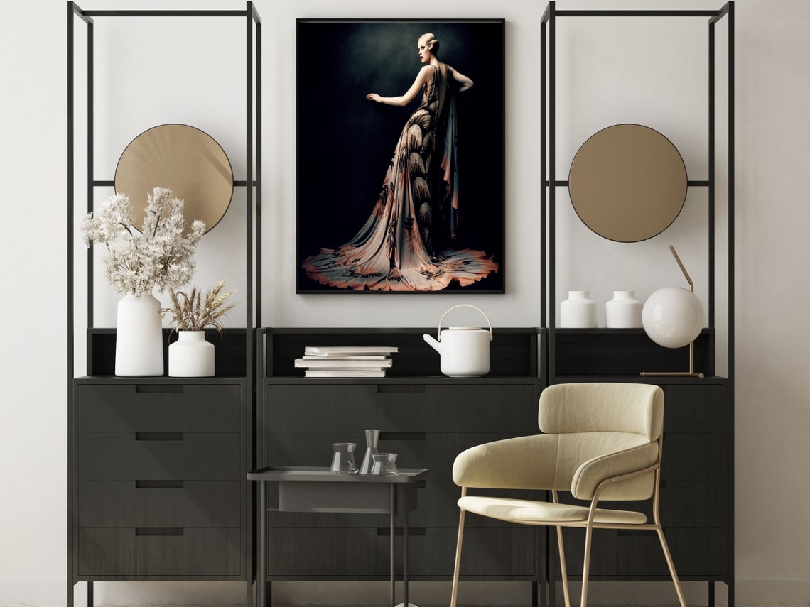 Art Deco Woman in Black and Blush Feathered Gown Night Poster - Image 2