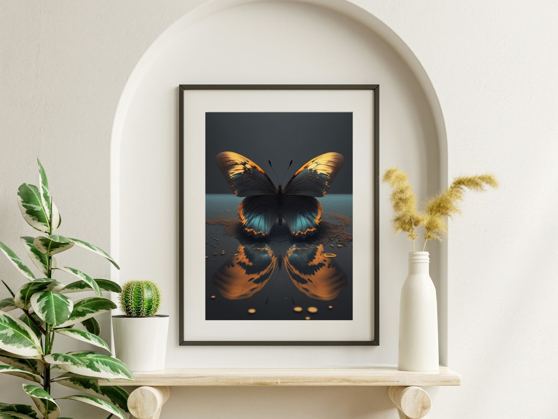Black and Gold Butterfly Reflection Moody Dark Academia Art Poster - Image 4