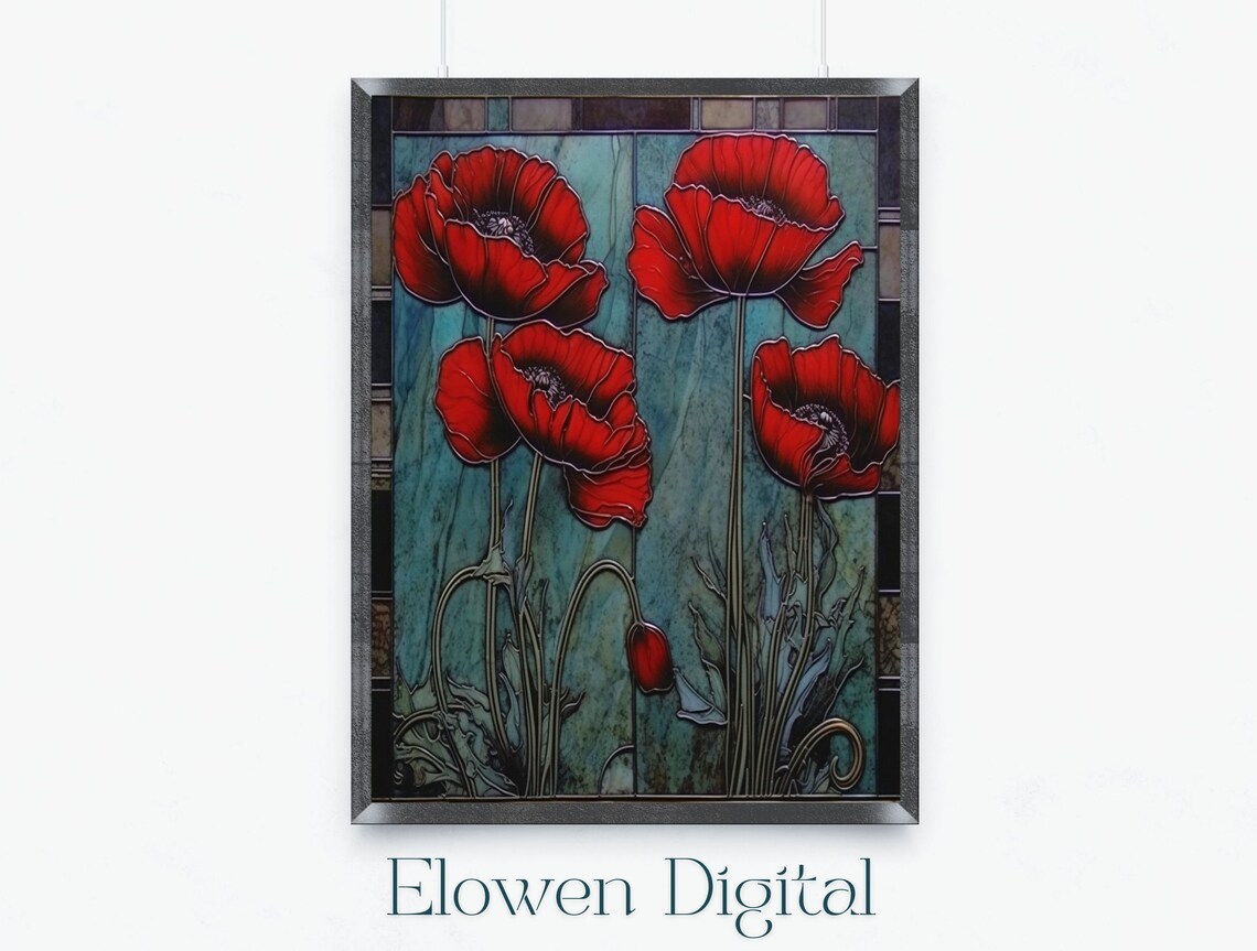 Vivid Art Nouveau Red Poppies Teal Stained Glass Botanical Poster