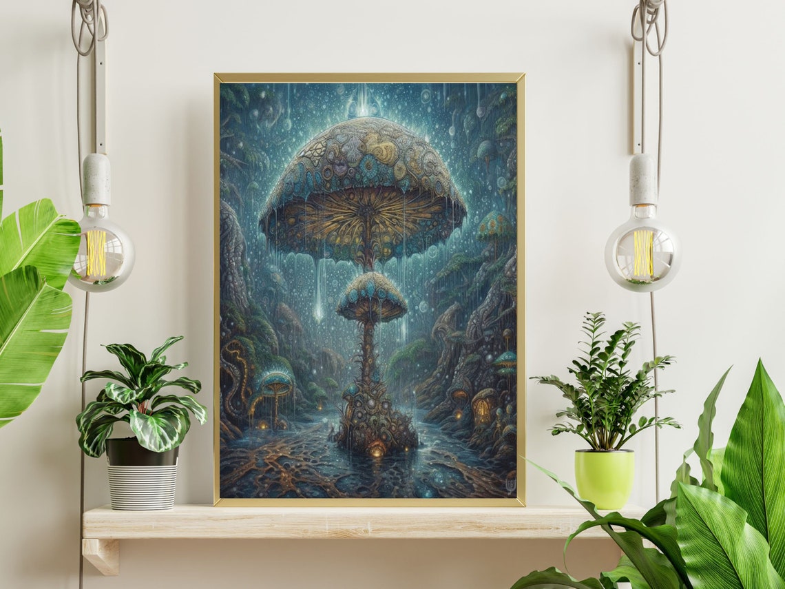 Giant Glowing Magic Mushroom In The Rain Dark Indigo Forest Wall Art - Image 2