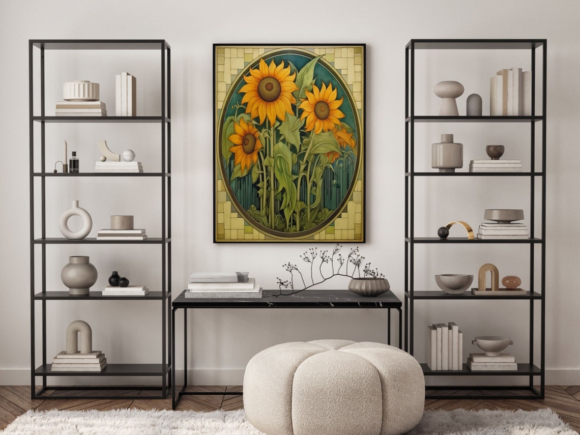 Cheerful Art Deco Sunflowers Oval Frame Vintage Botanical Poster - Image 3