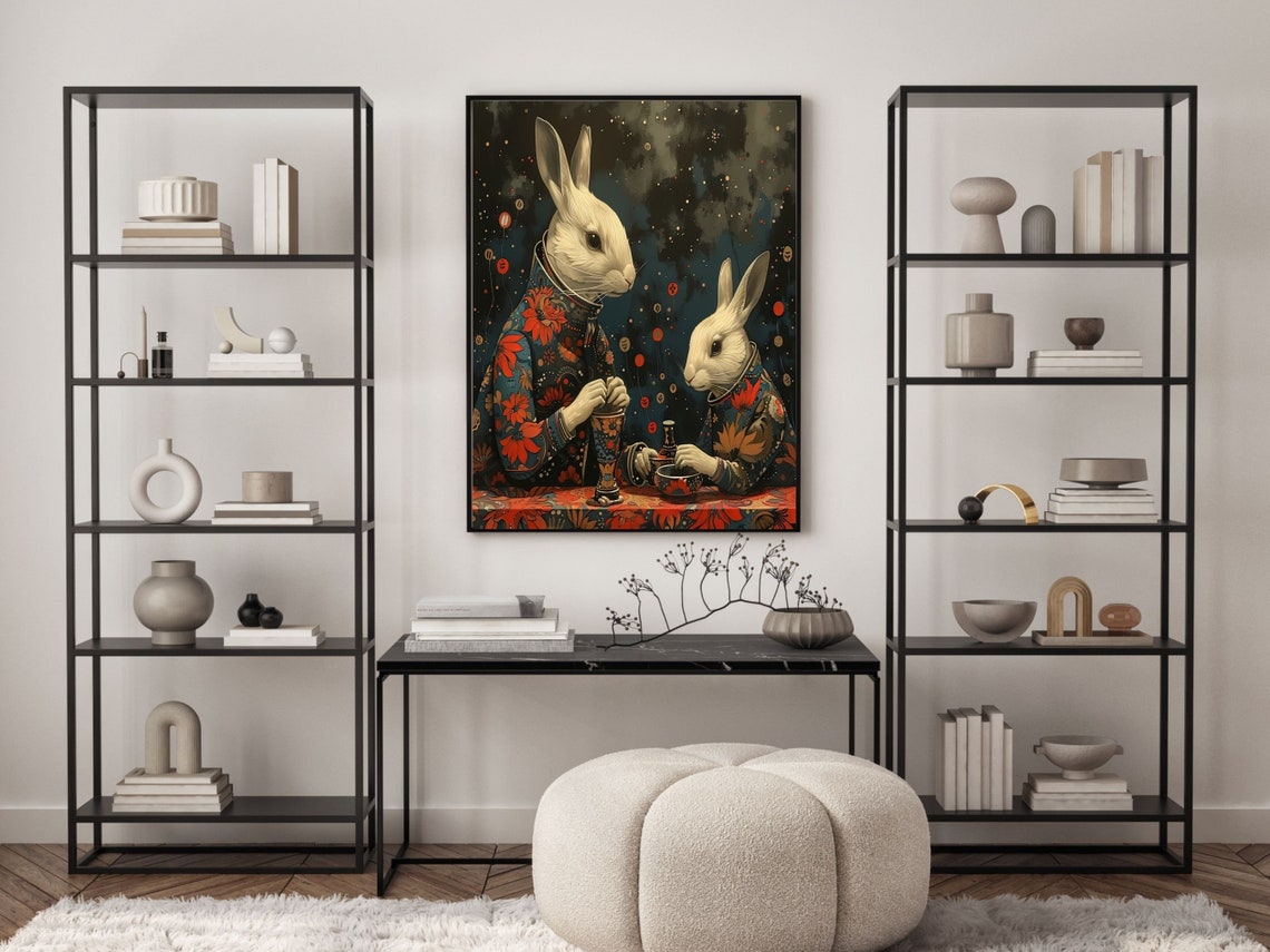 Two White Rabbits Tea Party Under A Starry Lantern Night Sky Wall Art - Image 3