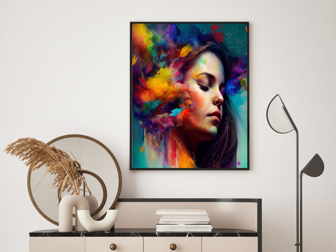 Serene Woman Portrait In Explosive Rainbow Color Paint Splash Wall Art - Image 3