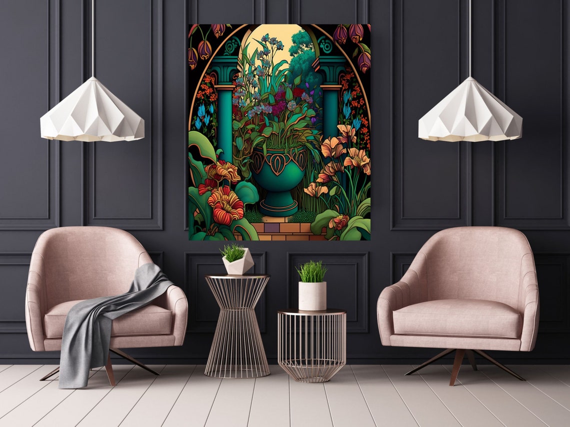 Art Nouveau Garden Urn Between Teal Columns at Dusk in Bloom Poster - Image 2