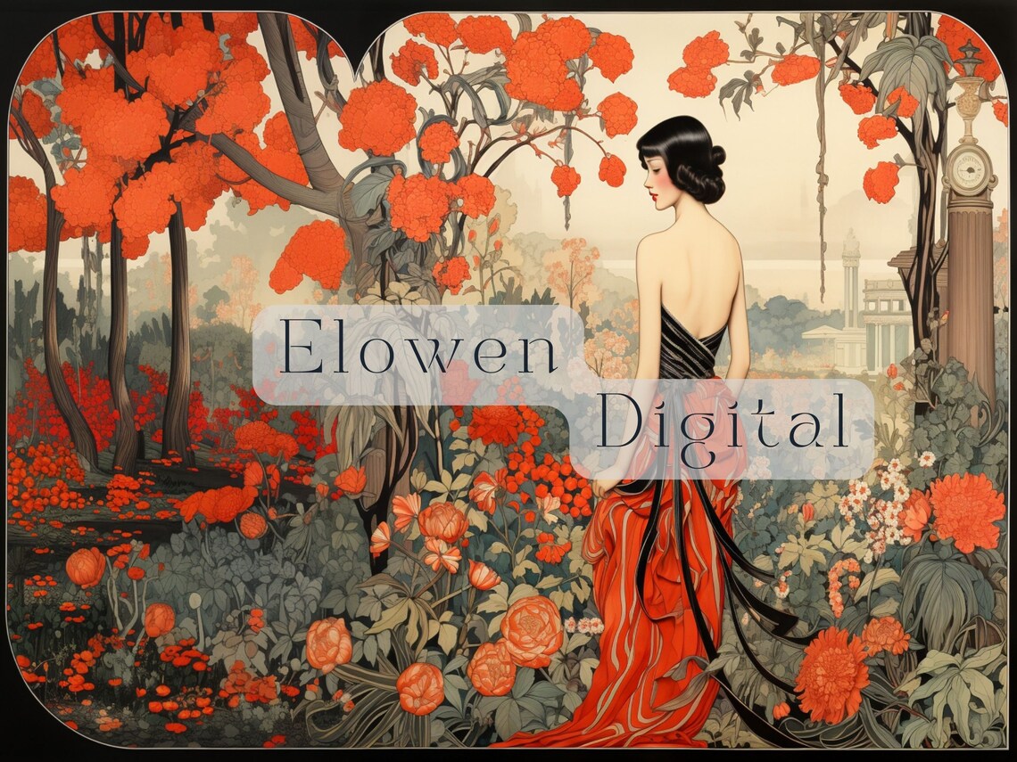 Erté Style Woman in Red Gown in a Crimson Flower Garden Poster - Image 4