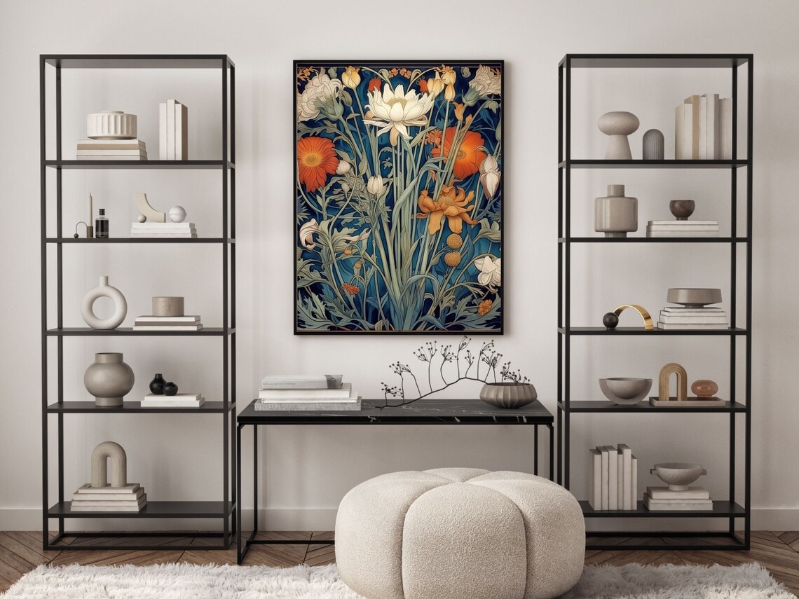White Lotus and Orange Poppies Botanical Art Nouveau Wall Poster - Image 4