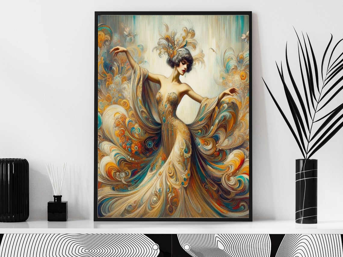 Art Nouveau Dancer in a Swirling Peacock Feather Gown Poster - Image 4