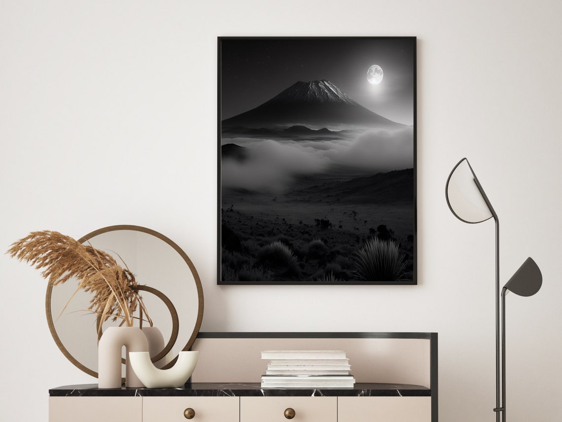 Black And White Full Moon Mountain Peak Rising Over Mist Poster - Image 5